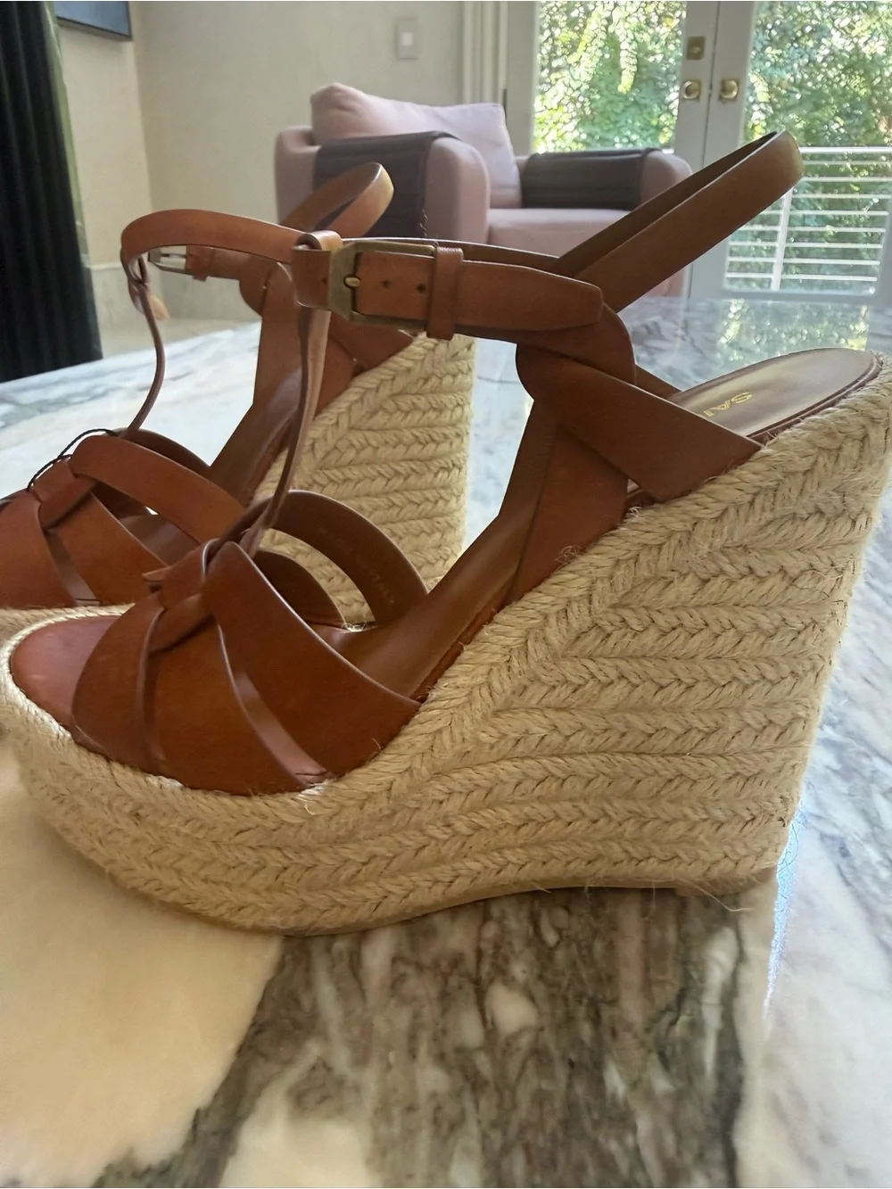 Saint Laurent Braided Espadrille Wedge Sandals - Brown